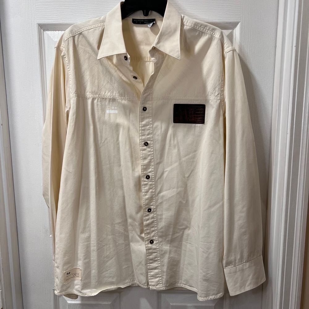 R+ Master Building Cream Cotton Button Down Shirt with American Flag Patch-SZ XL